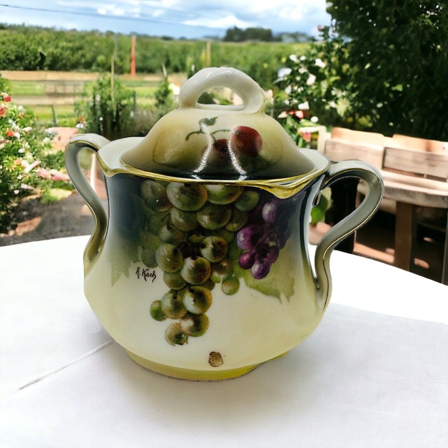 J & C Bavaria Sugar Bowl Louise Lid Hand Painted Grapes Vine Antique Porcelain