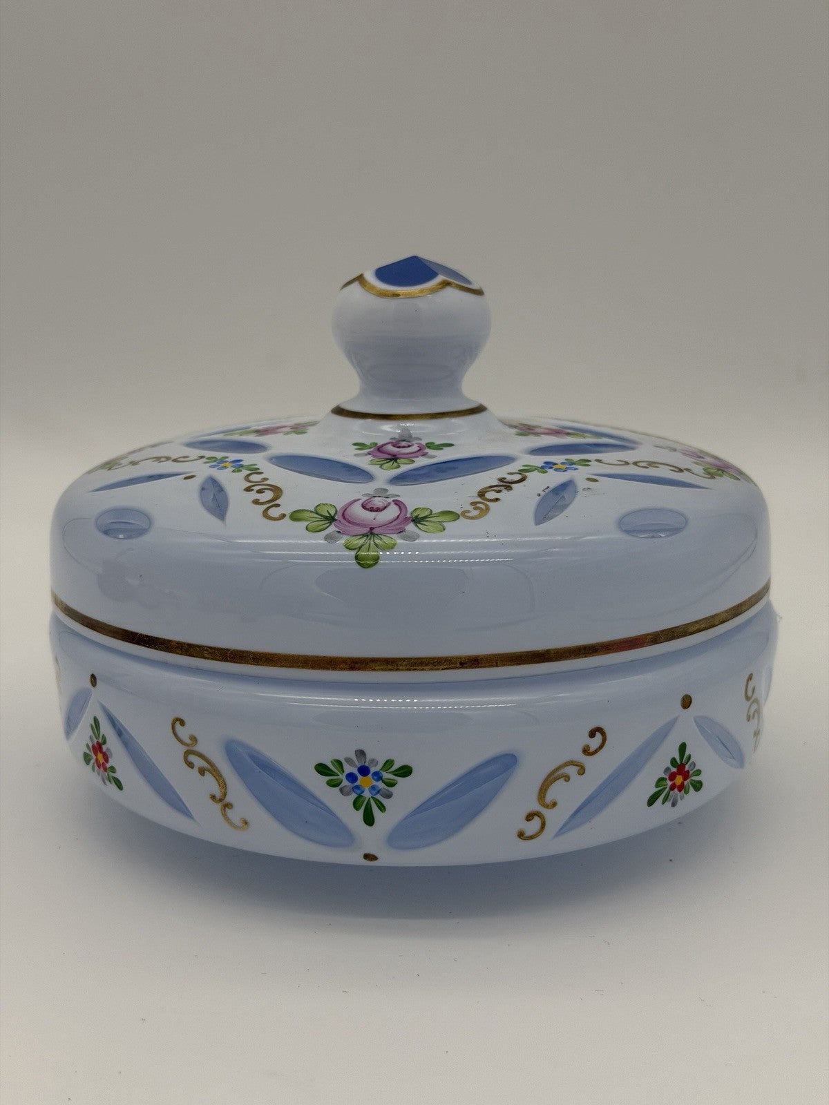 Czech Bohemian Baby Blue Cased to Blue Art Glass Lidded Candy Dish Large 6”x5”