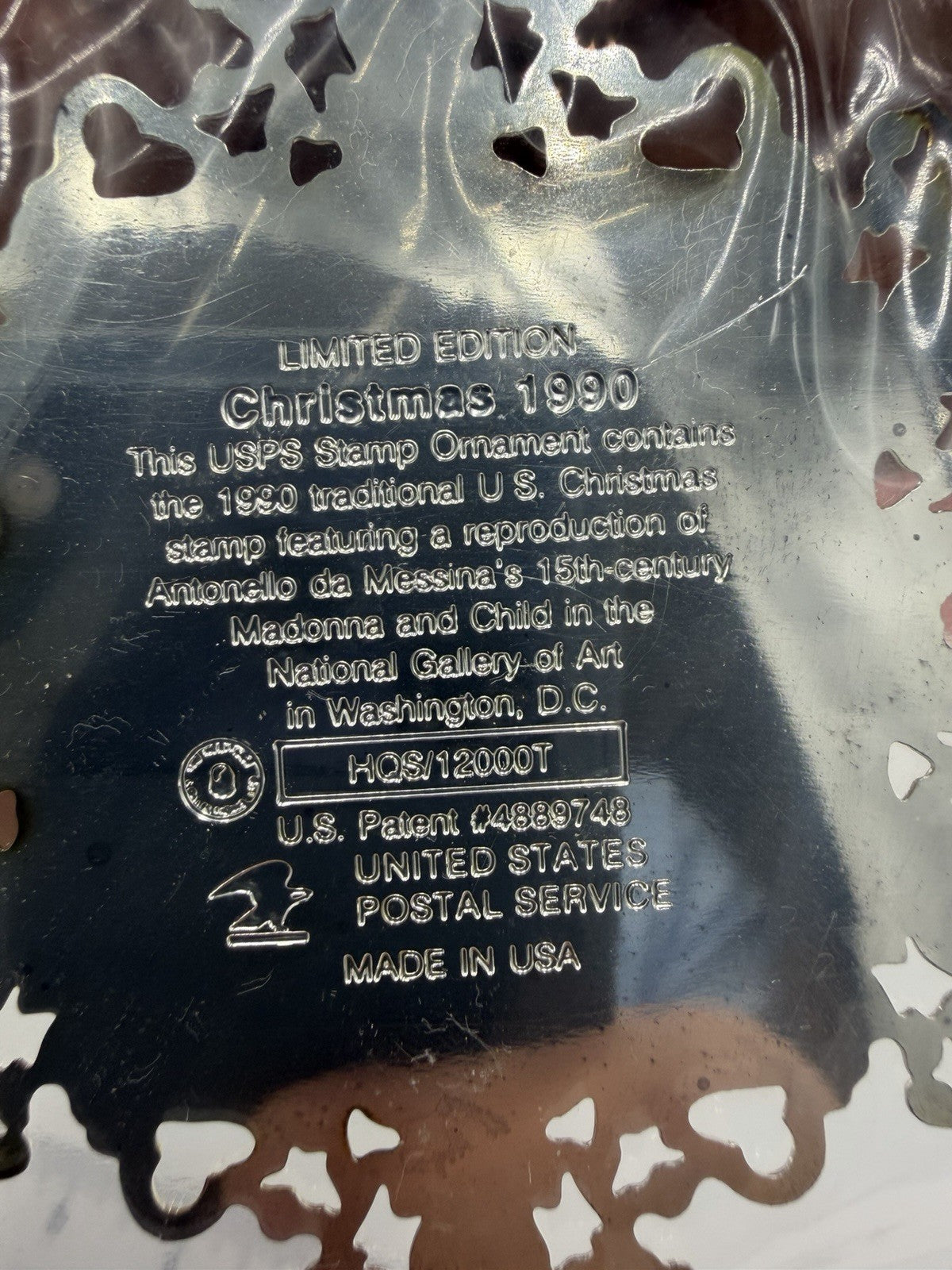 1990 USPS Stamp Ornament Madonna W/baby Silver Christmas Sealed Límited Edition