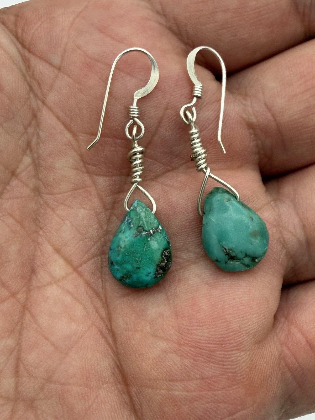 Native Blue Turquoise Nugget Sterling Silver Beads Earrings 1" Women Jewelry