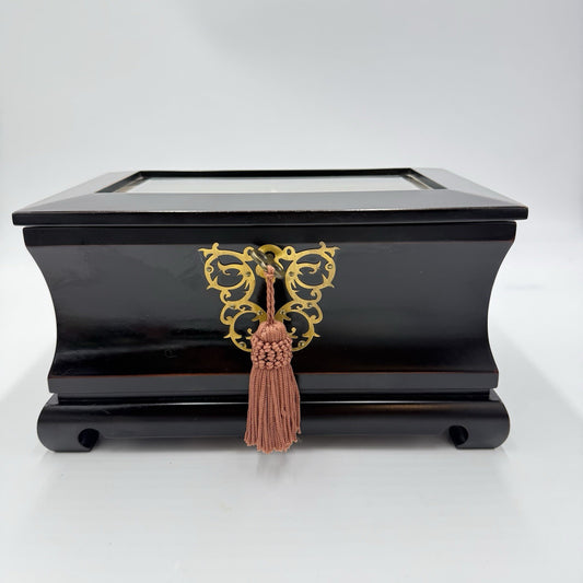 Vtg Bombay Company Jewelry Box 2005 solid dark wood 10"x6.25"x5" W/key Tassel
