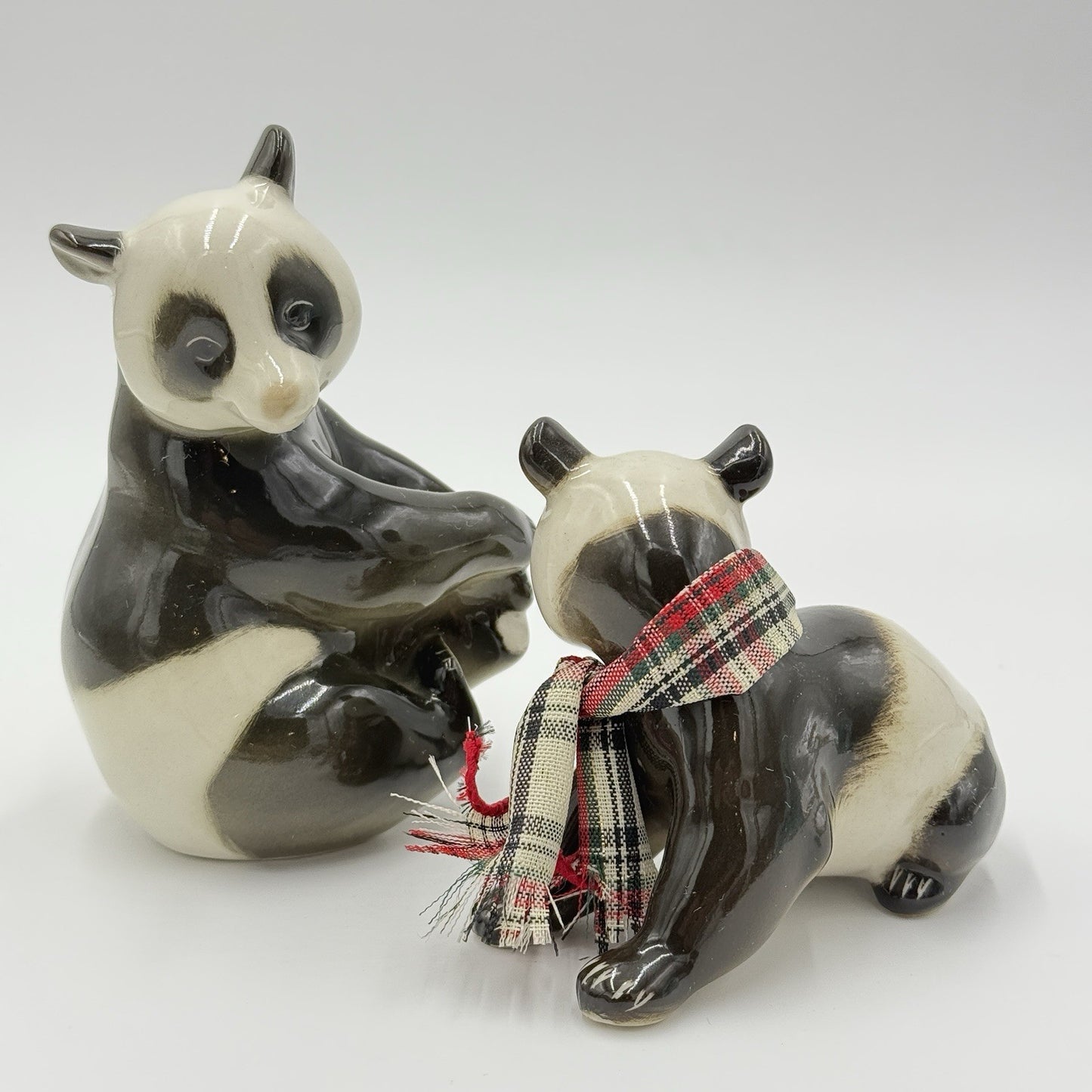 VINTAGE  Lomonosov Glazed Porcelain Panda Bears USSR 5” Mom and Baby Figurines