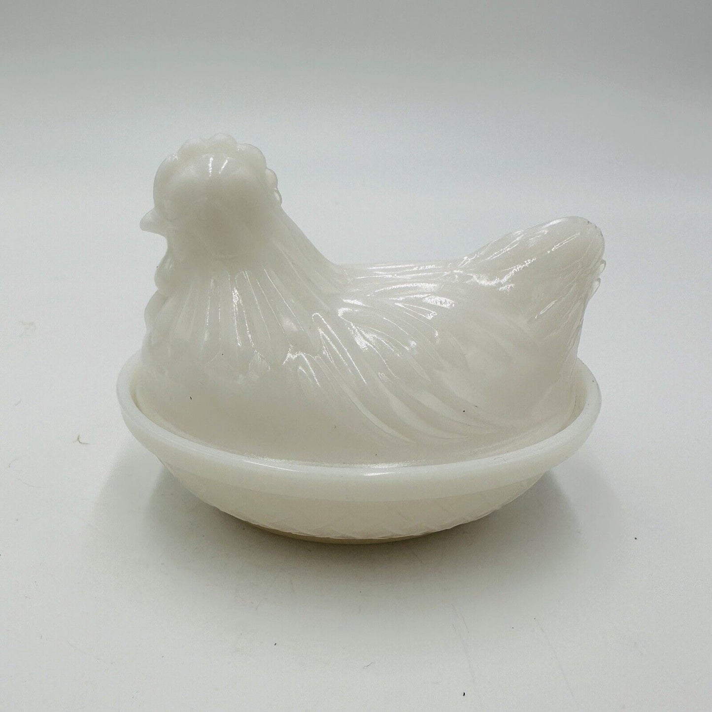 Chicken on Nest Candy Dish Hazel Atlas Platonite Milk Glass Hen 4 1/2" Lid White