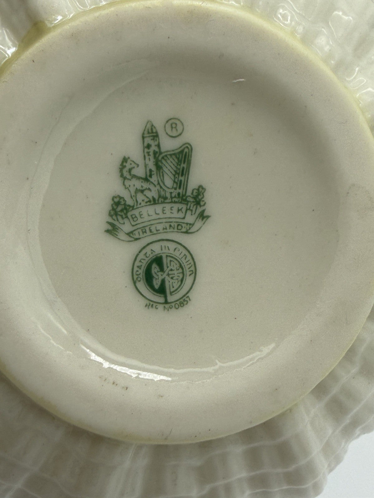 Belleek Ireland Tridacna Open Sugar Bowl & Saucer Sea Shell Porcelain Set 2 PCs