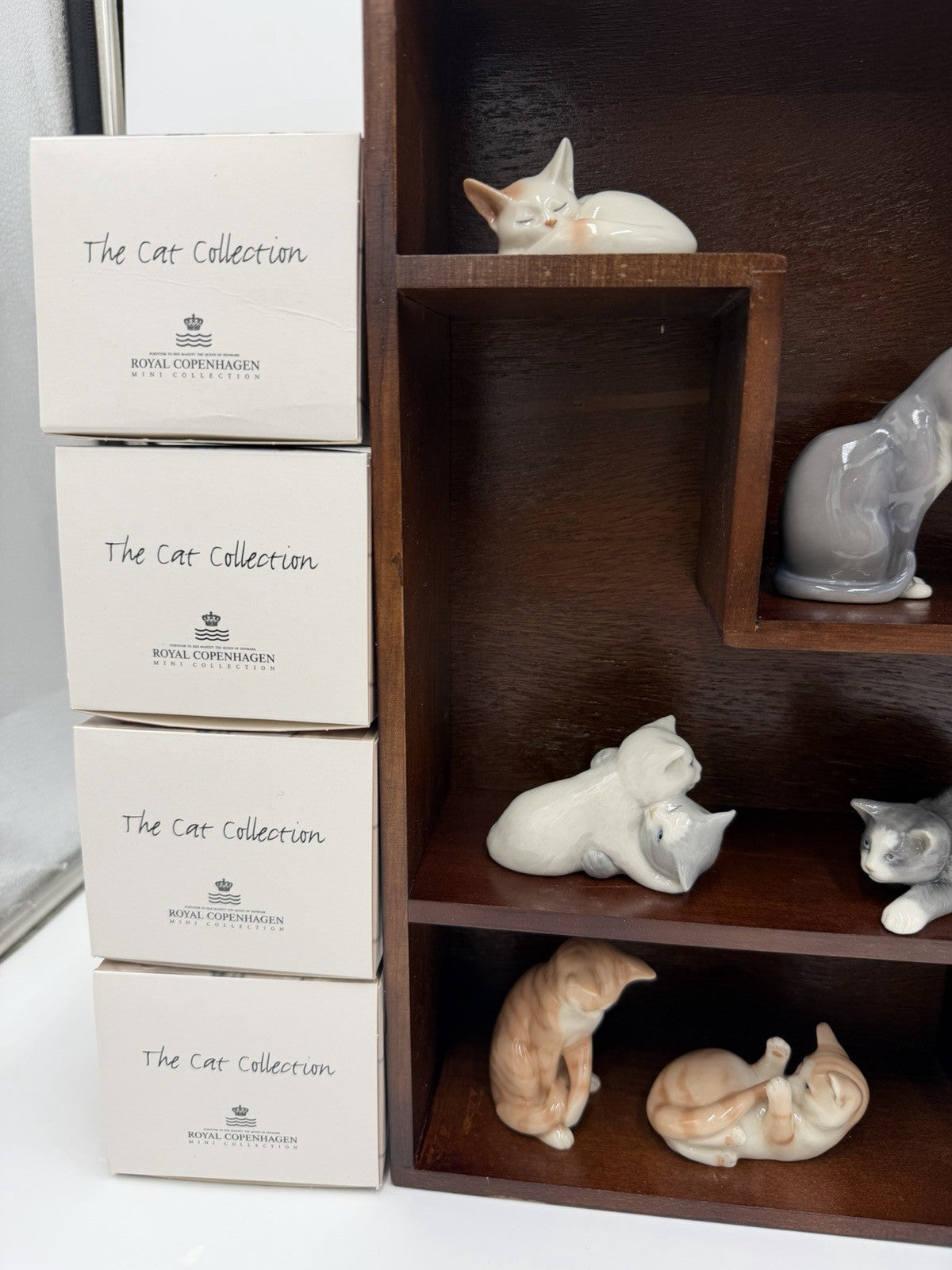 Royal Copenhagen Denmark Porcelain Cat Collection Mini Figurines Wood Shelf
