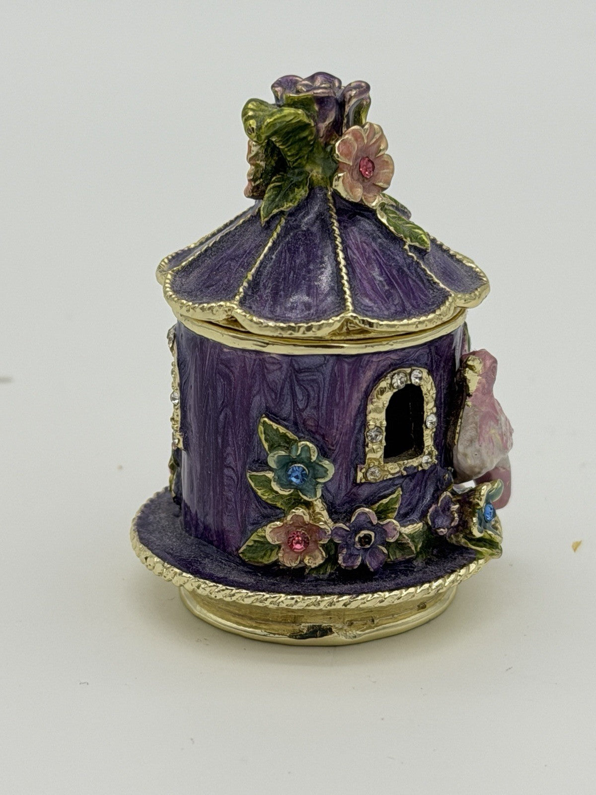 Enamel Purple Gold Gilt Birdhouse Trinket Box Jewelry Box Pink Purple Metal 2”