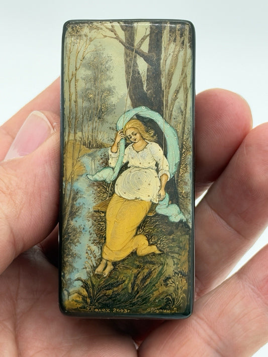 handpainted Russian lacquer miniature trinket box Palekh signed Lapin L Folk Art