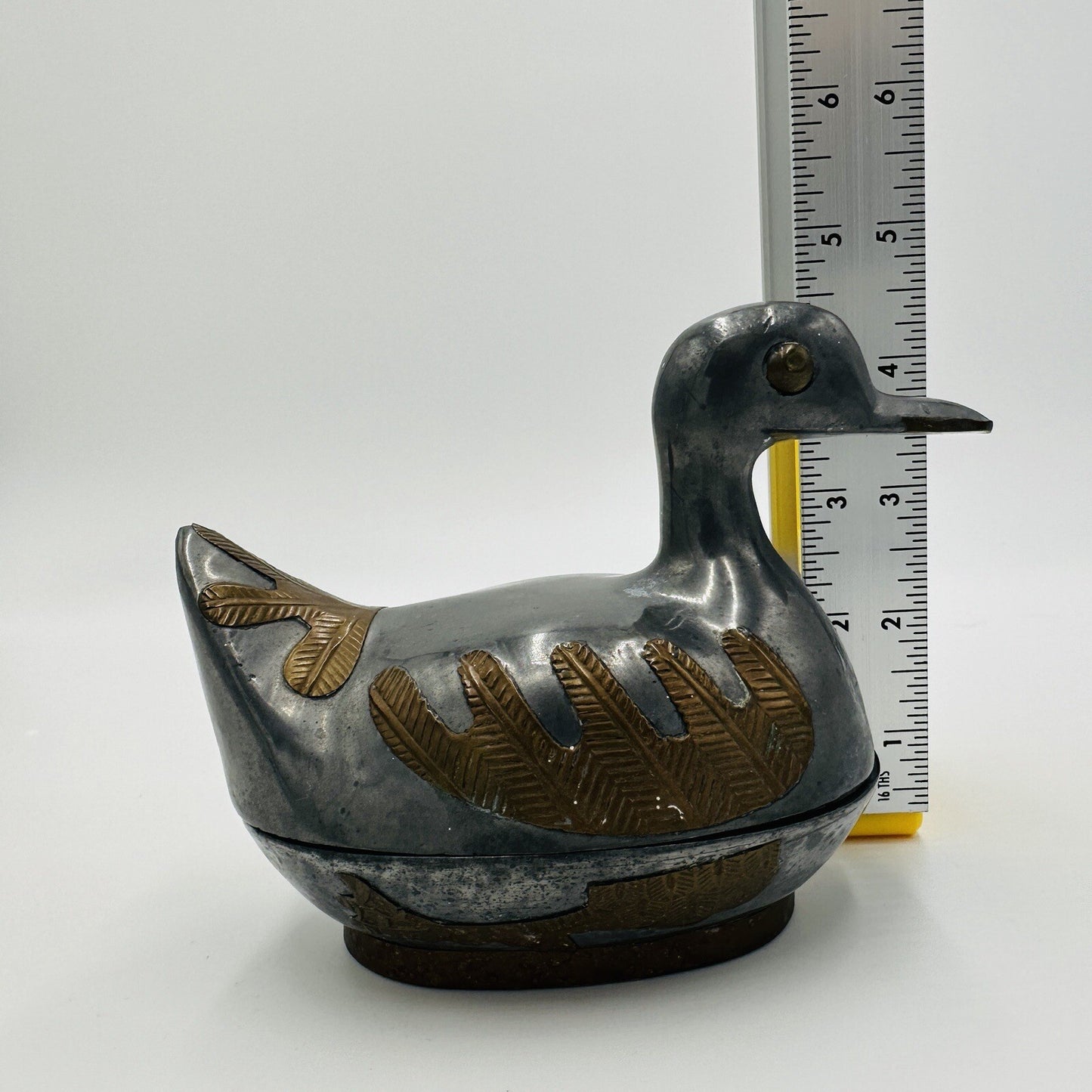 Duck Trinket Jewelry Box Pewter Brass Metal Hand Crafted Vintage 1960s MCM