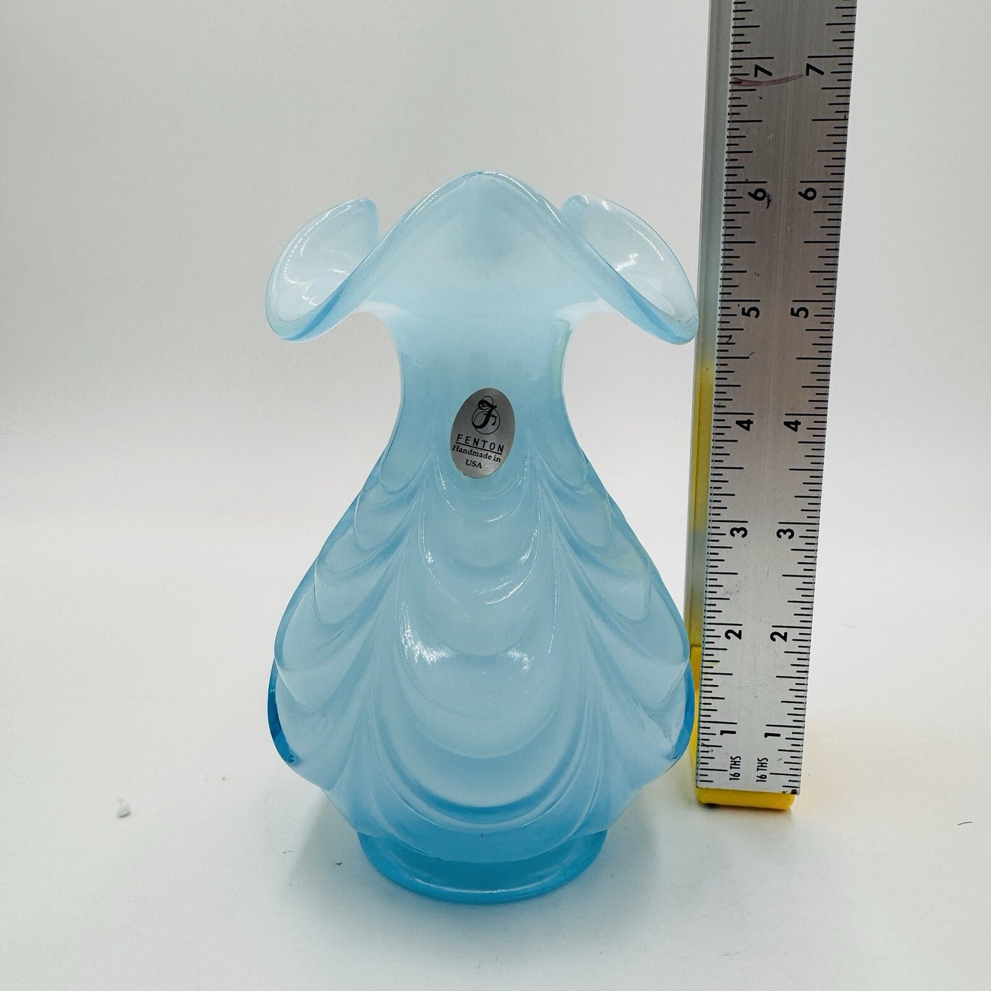 Fenton Art Glass Blue Drapery Small Vase MCM 6” Vintage USA Rare