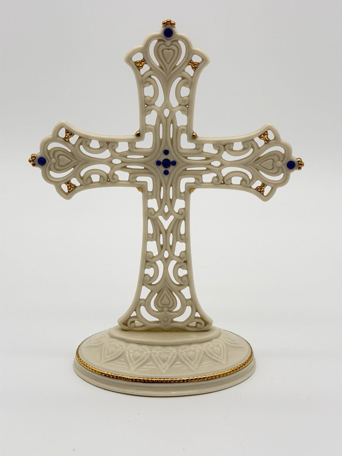 Lenox Porcelain USA Hearts Of Devotion 2002 Blue Rhinestone 8” Cross Figurine