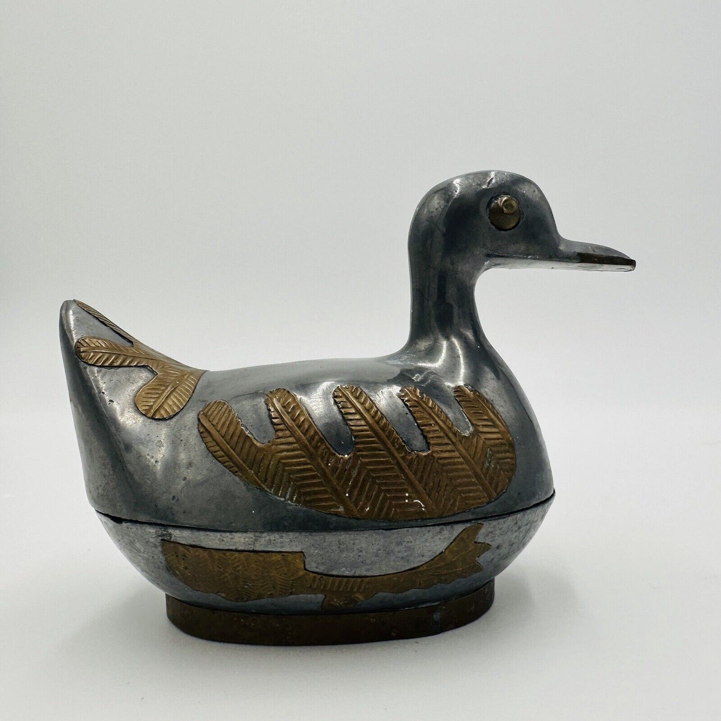 Duck Trinket Jewelry Box Pewter Brass Metal Hand Crafted Vintage 1960s MCM