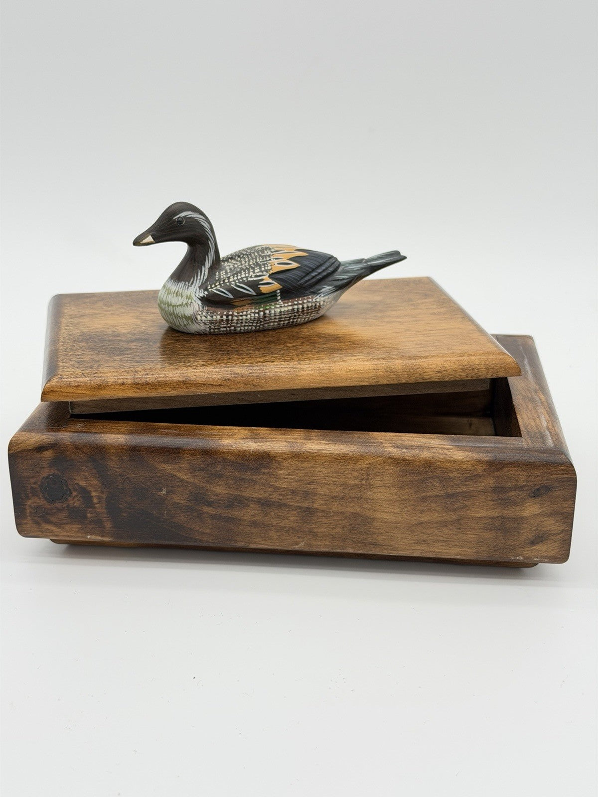 Folk Art Handmade Wooden Duck Decoy On It Trinket Box Vintage Solid