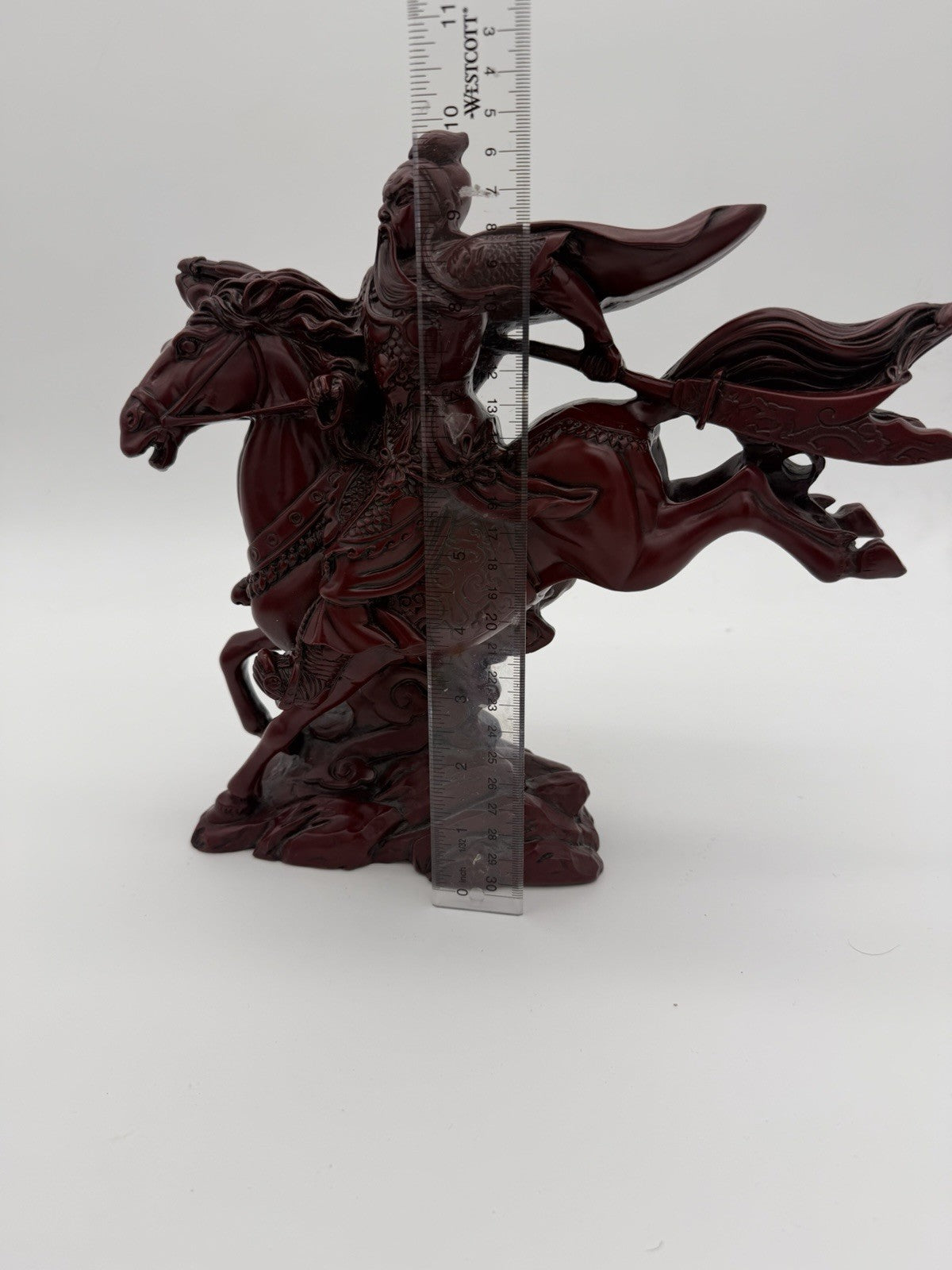 Large Chinese Red Resin Guan Yu Warrior Riding Galloping Horse Sculpture 10”x12”