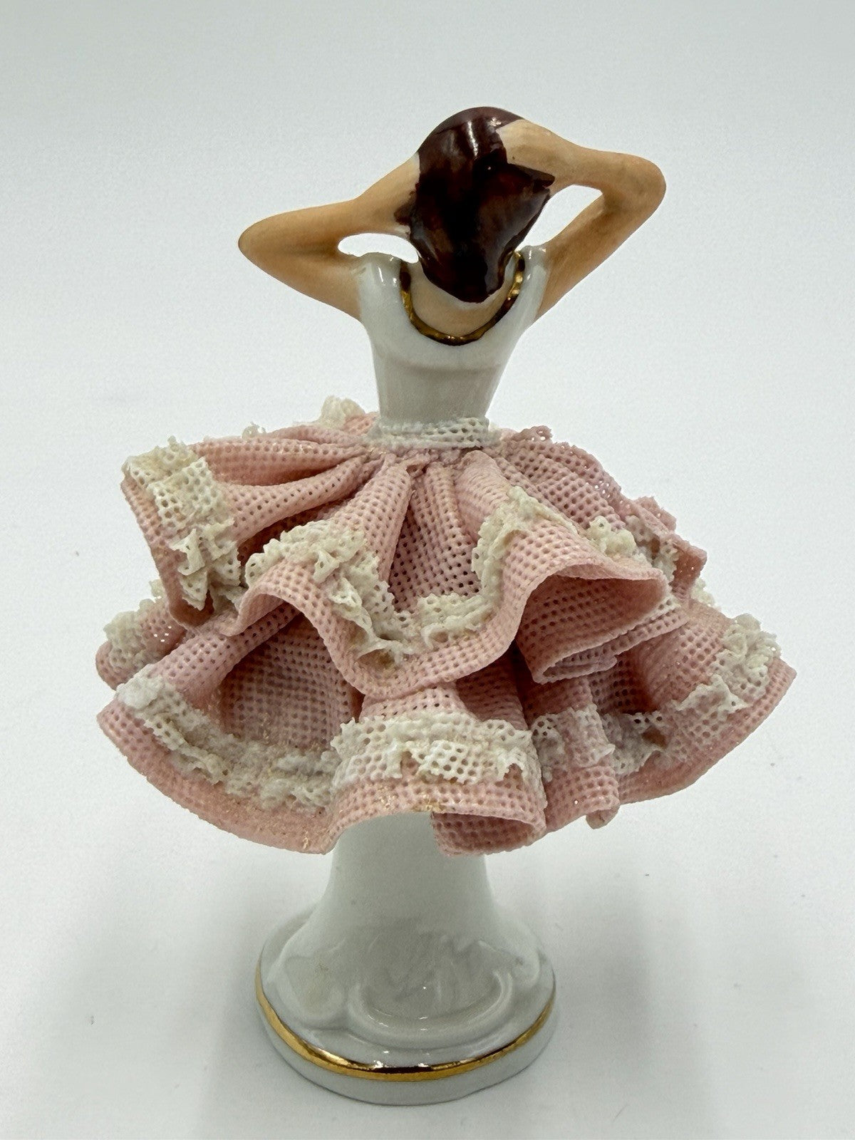 Vintage Dresden Porcelain Lace Victorian Lady Figurine Pink Dress 4” Germany