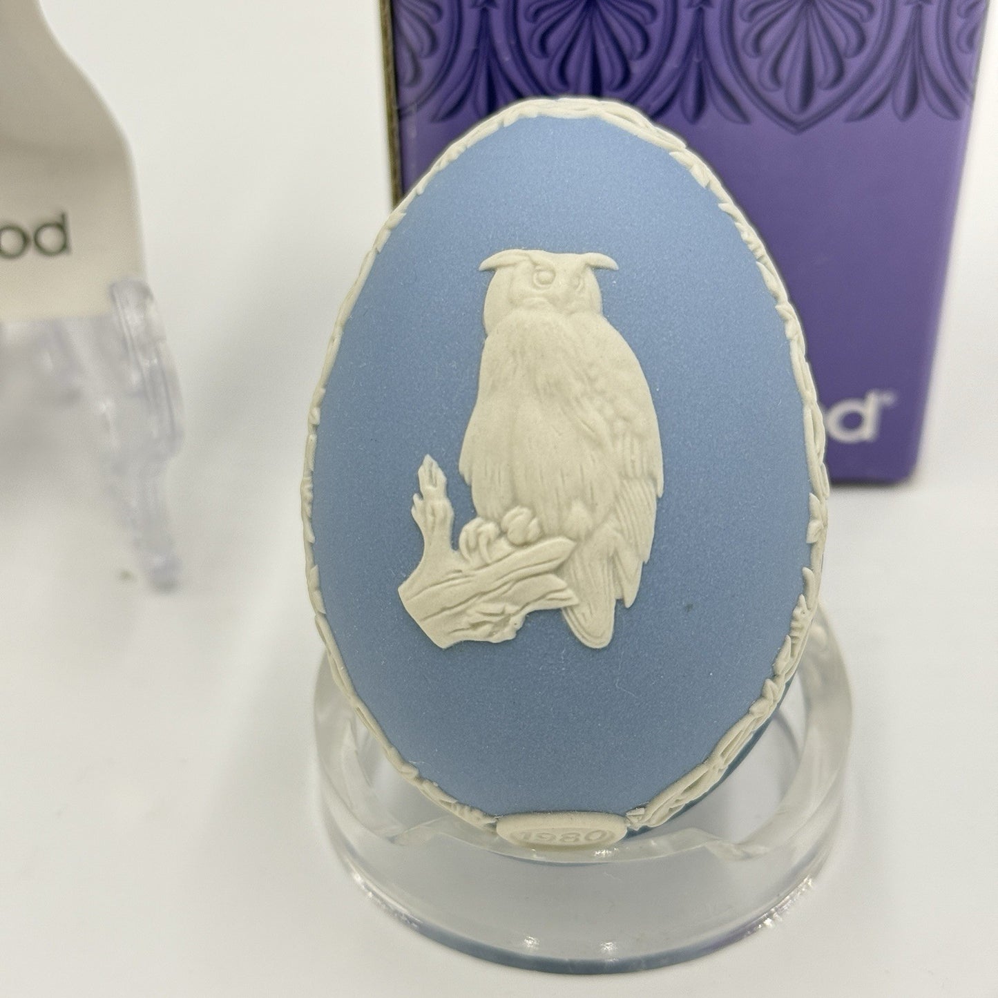 Wedgwood England Easter Egg Owl 1980 Blue Jasperware Original Box/Papers