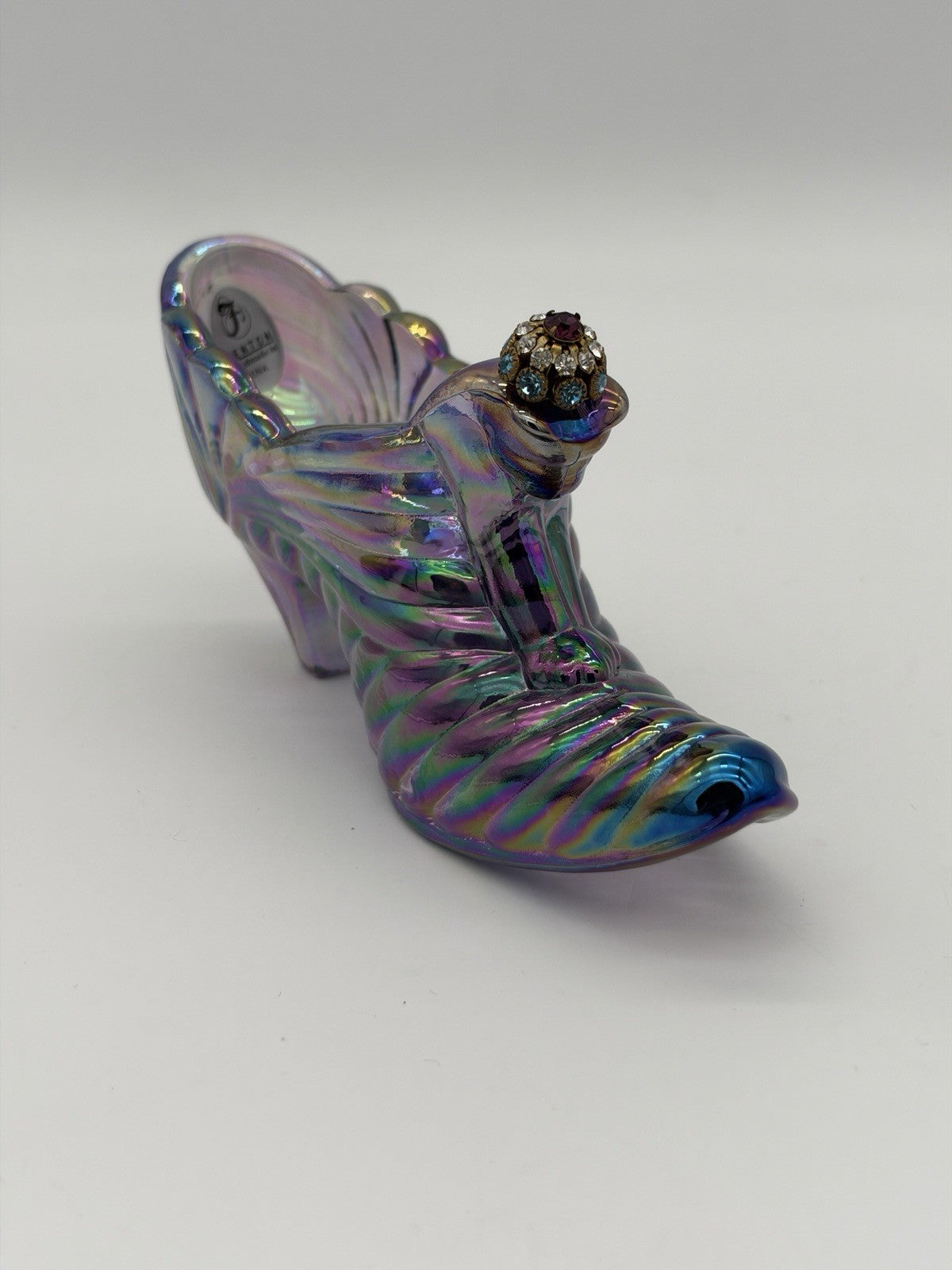 Fenton Carnival Art Glass Amethyst Iridescent Slipper Shoe Cat Head Rhinestone