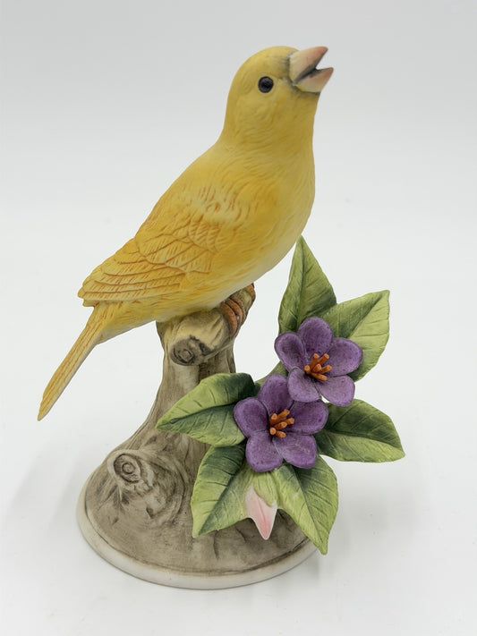 Vtg Andrea by Sadek Yellow Canary with Purple Flower # 8627 Ceramic Signed 6”H