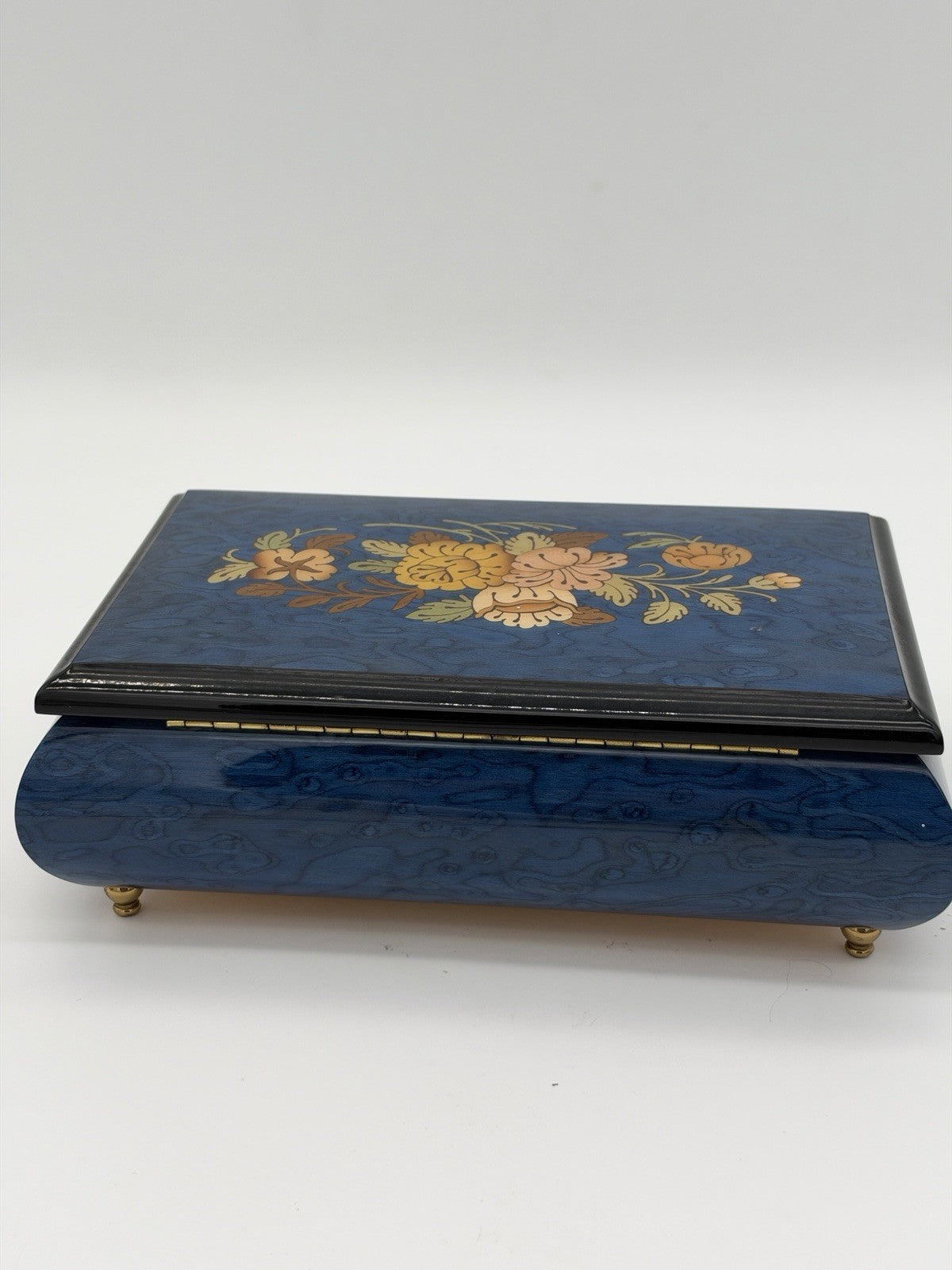Sorrento Italy Blue Floral Inlay Wooden Music Box Plays Memorie Cats Works