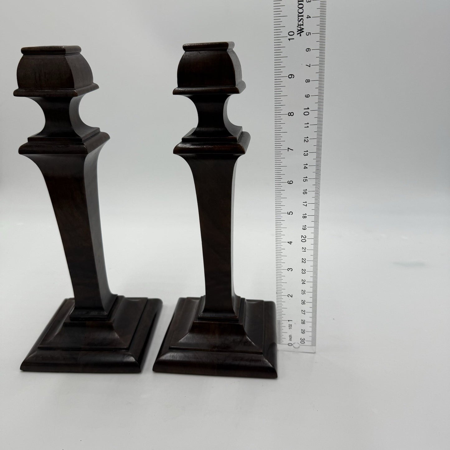 Early 20th Century Walnut Veneer Wood Pedestal Candlesticks Pair Red Velvet 10in