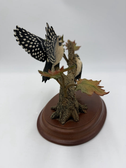 Danbury Mint Autumn Wonder Downy Woodpeckers Figurine Bob Guge Wood Base