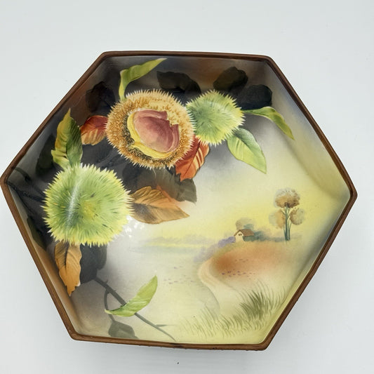 Antique Nippon Morimura Hand Painted Chestnuts  Bowl Circa 1911-1922 Hexagonal