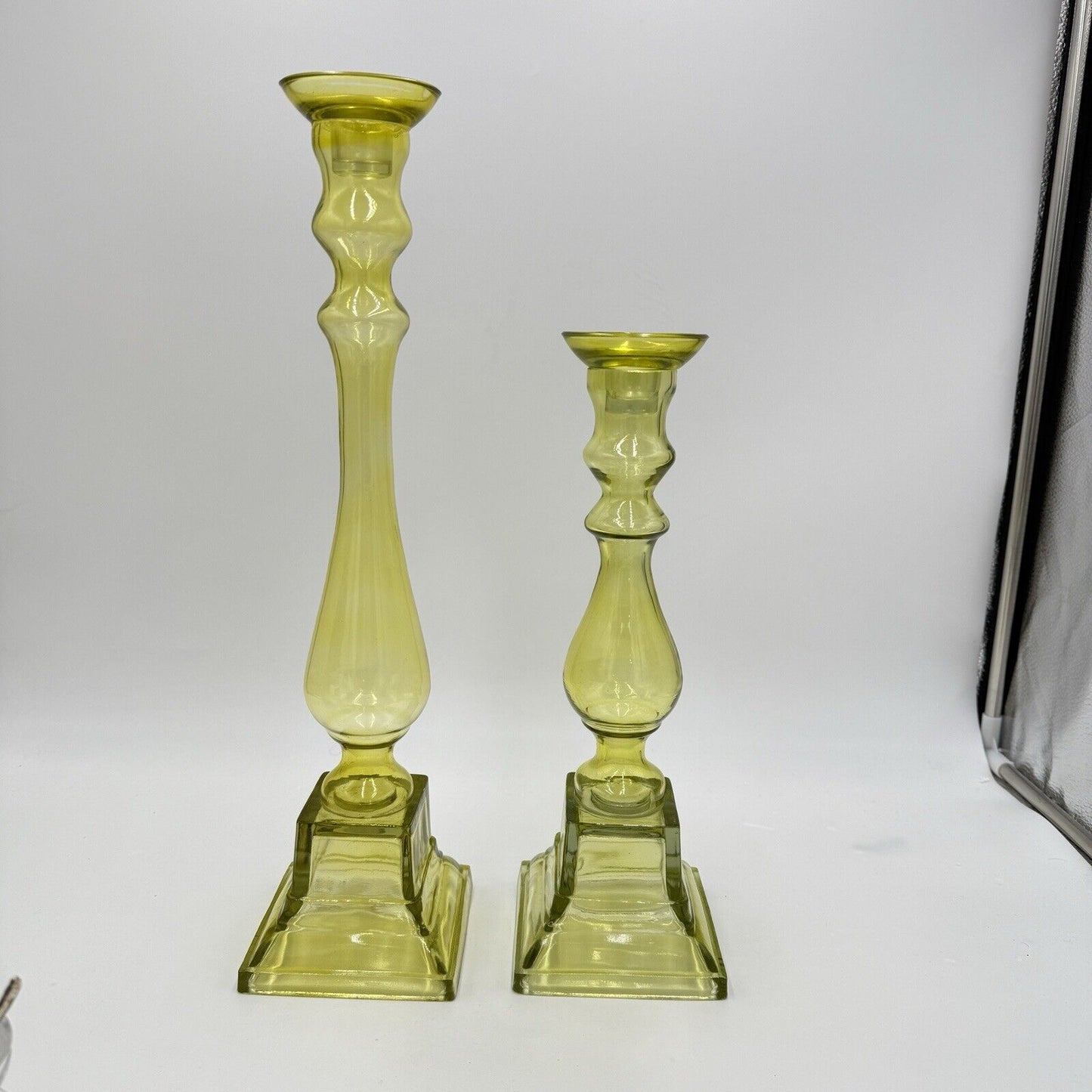 MCM Yellow Art Glass Candle holders By Lazy Susan Square Base Round Top 2