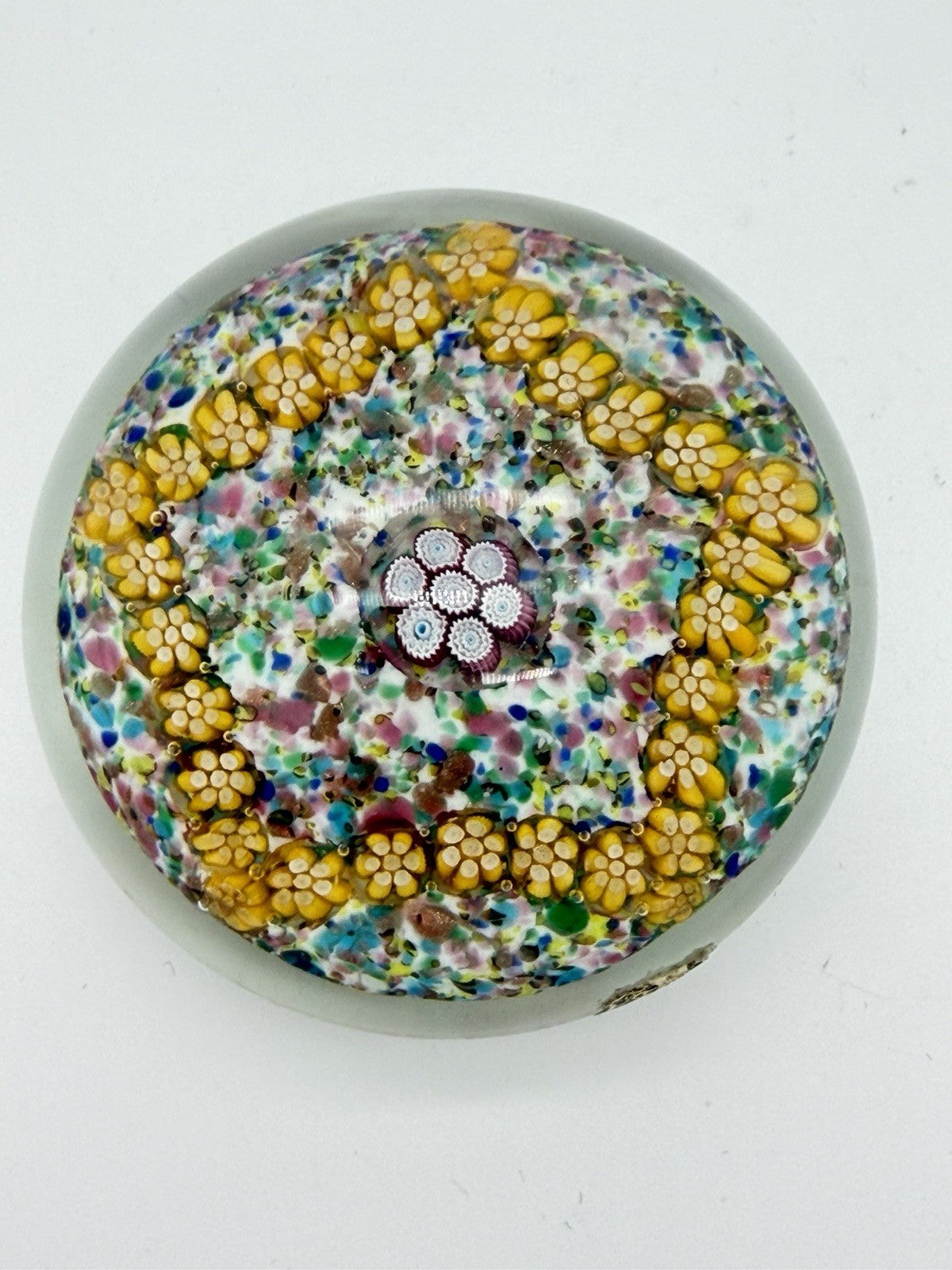 Vintage Murano Venetian Italy Art Glass Floral Millefiori Paperweight 2”x 2.5”