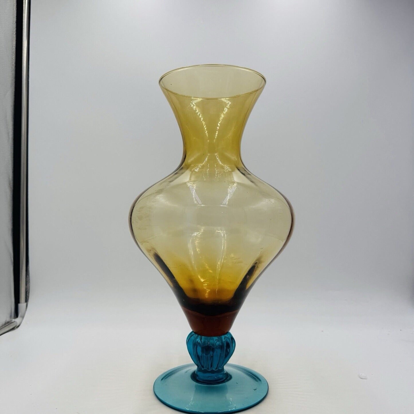 LARGE 16" MURANO VETRO ESEGUITO AMBER OPTIC RIBBED ART GLASS FOOTED VASE