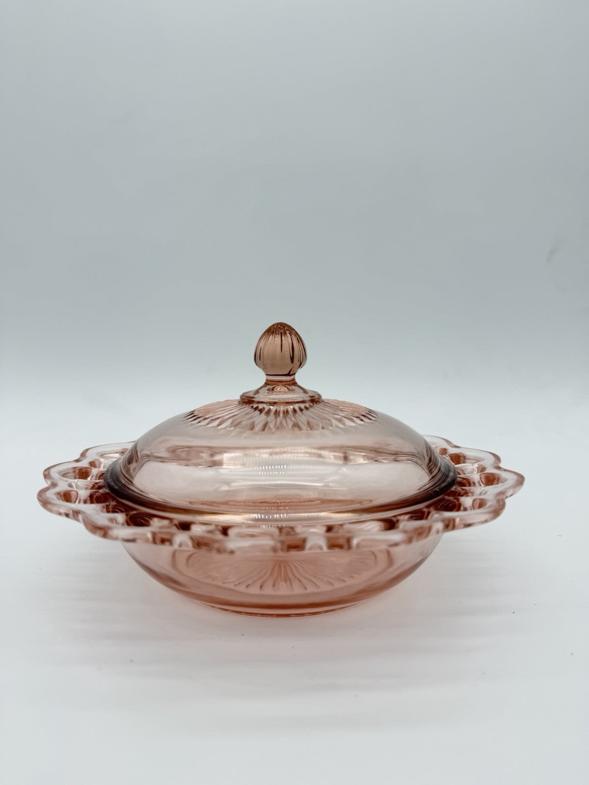 Vtg Anchor Hocking Art Glass Old Colony Lace Edge Pink Depression Butter Dish