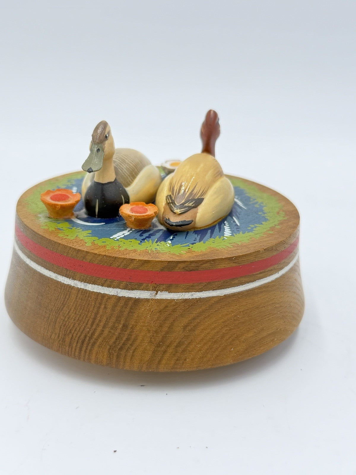 Anri Diller Italy Folk Art Ducks Pond Music Box Oh What Beauful Morn Hand Carved