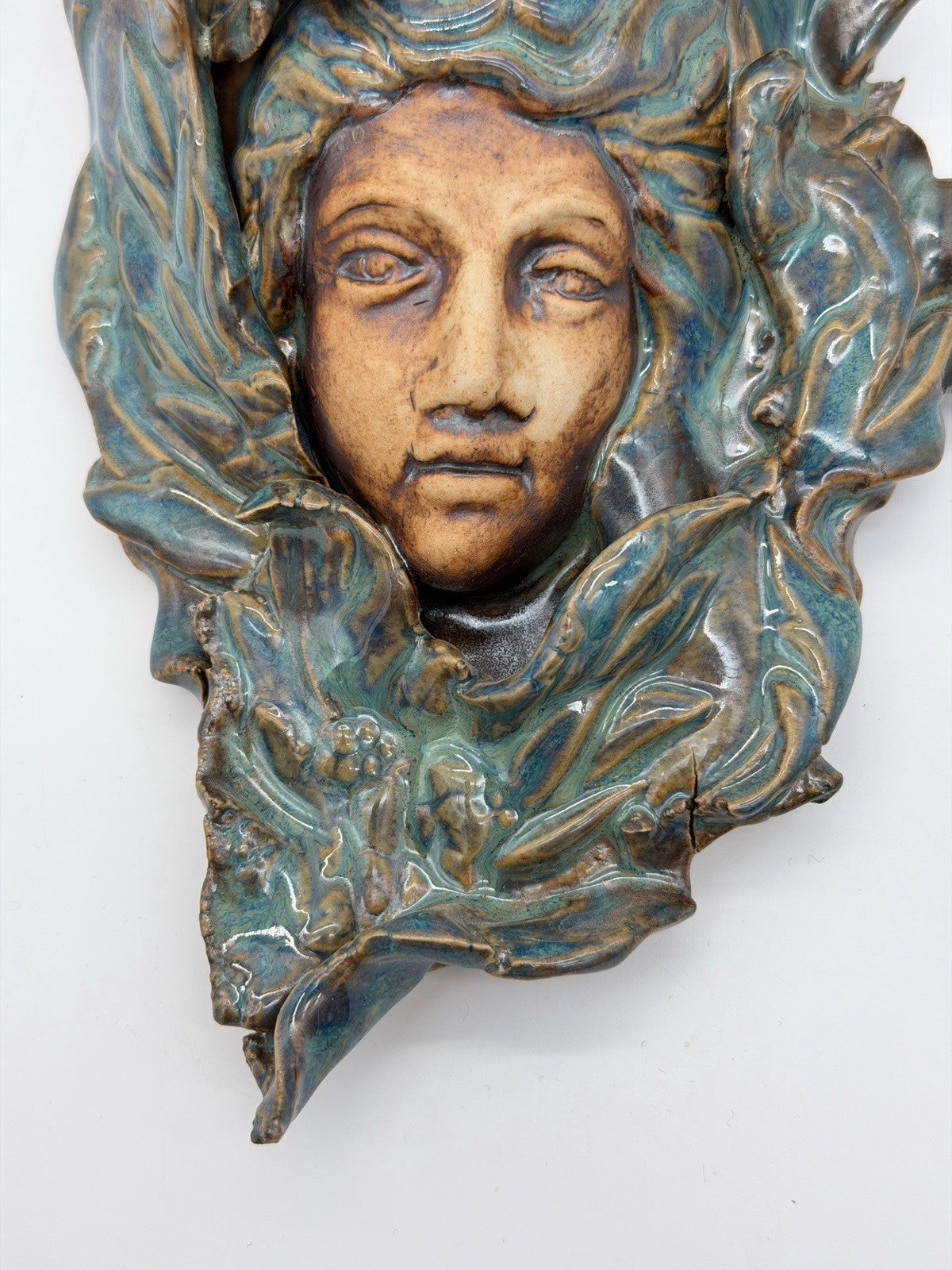 Art Nouveau Studio Art Pottery wall pocket sculpture Teal Blue Glossy 7.5”x4”