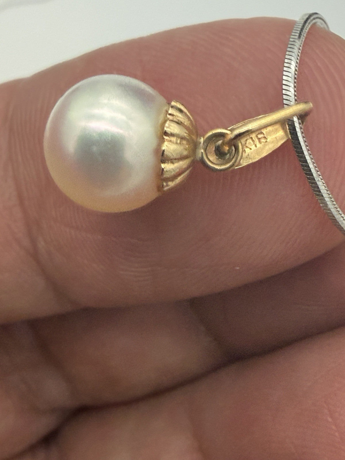 14k White Gold Snake Chain & 18K Gold Pearl Accent Pendant Necklace 3.5g