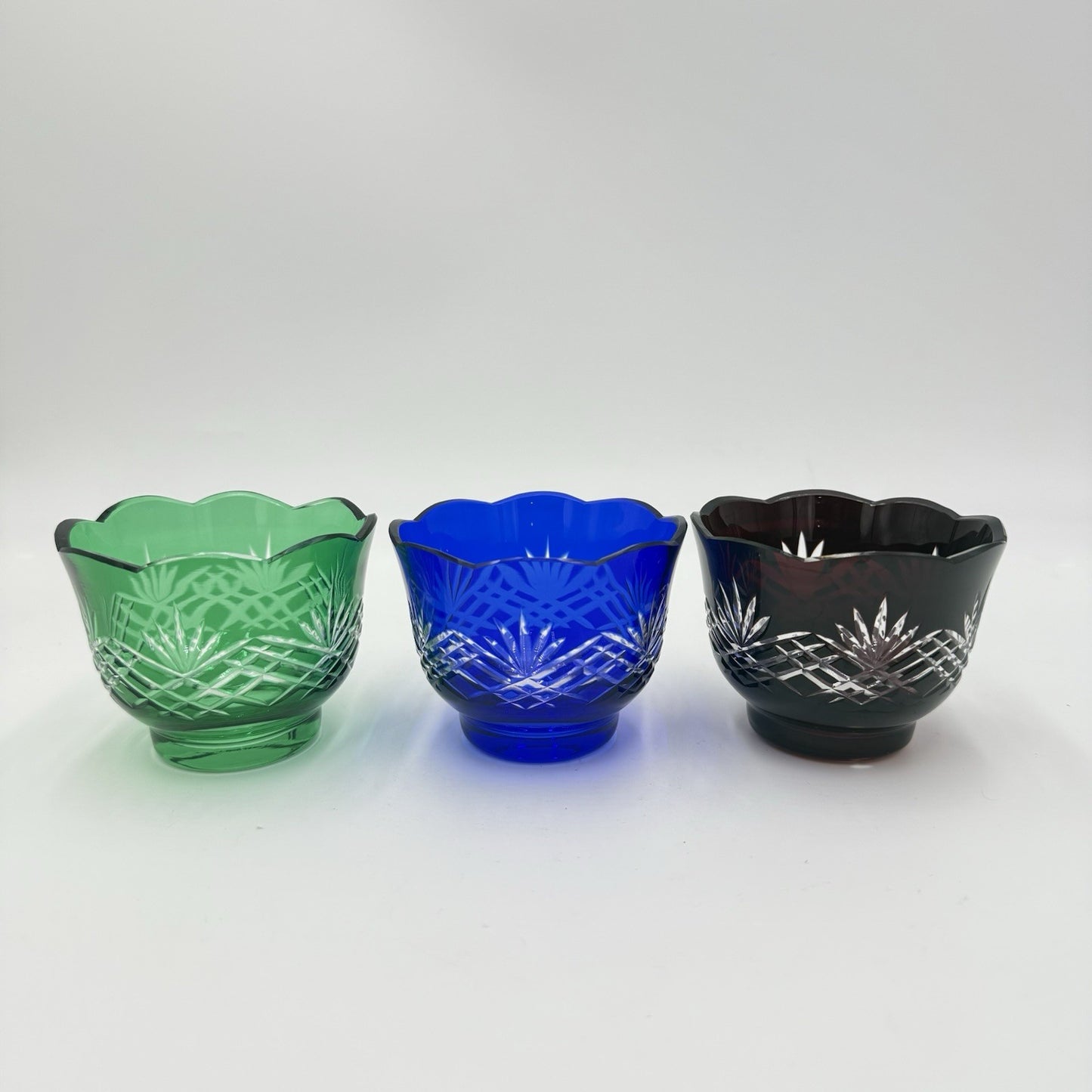 Vtg Bohemian Colored Crystal Cut  Scalloped Edge Votive Green Blue Purple 3 Pcs