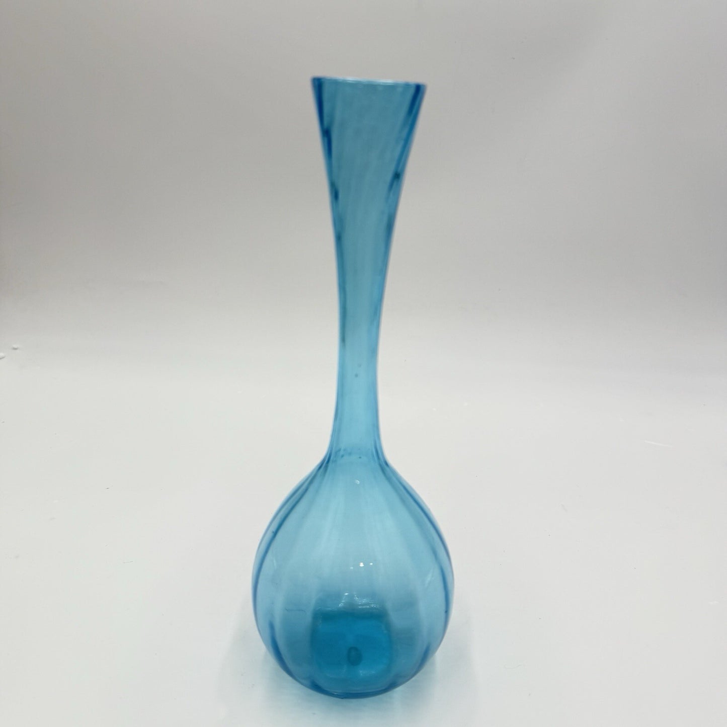 Vintage Swedish Art Glass Flower Bud Aqua Blue Bulb Glass Vase 10” Swirl