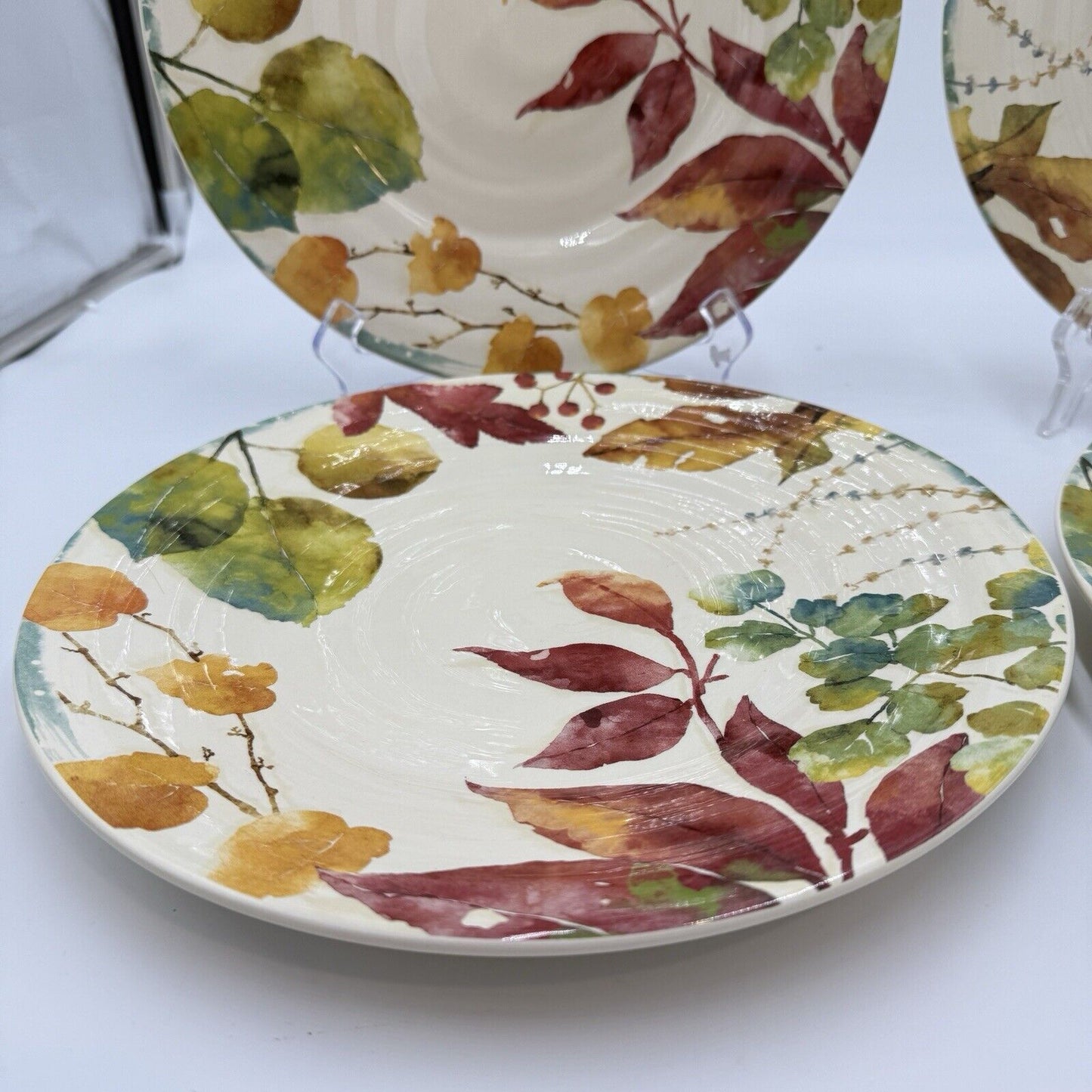 Pier 1 Imports WILLOW Dinner Plates Set 4 11” Fall Leaves Ironstone Ceramic