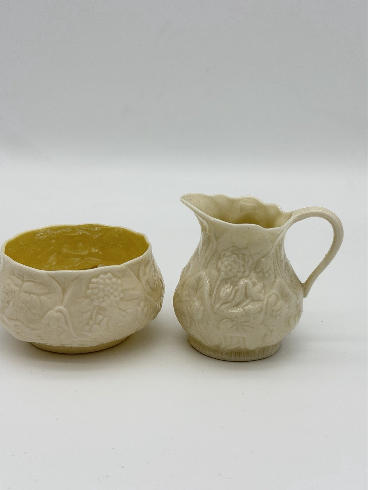 Belleek Ireland porcelain Lotus pattern creamer and open sugar bowl set Vintage