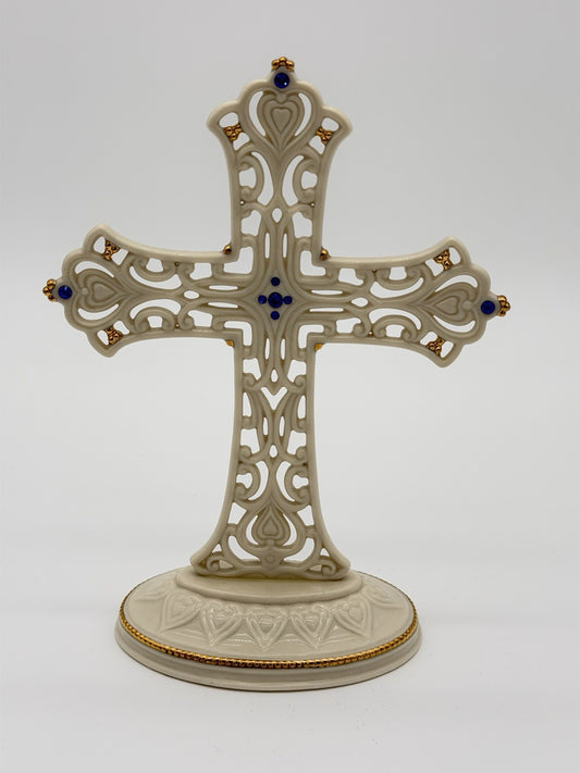 Lenox Porcelain USA Hearts Of Devotion 2002 Blue Rhinestone 8” Cross Figurine