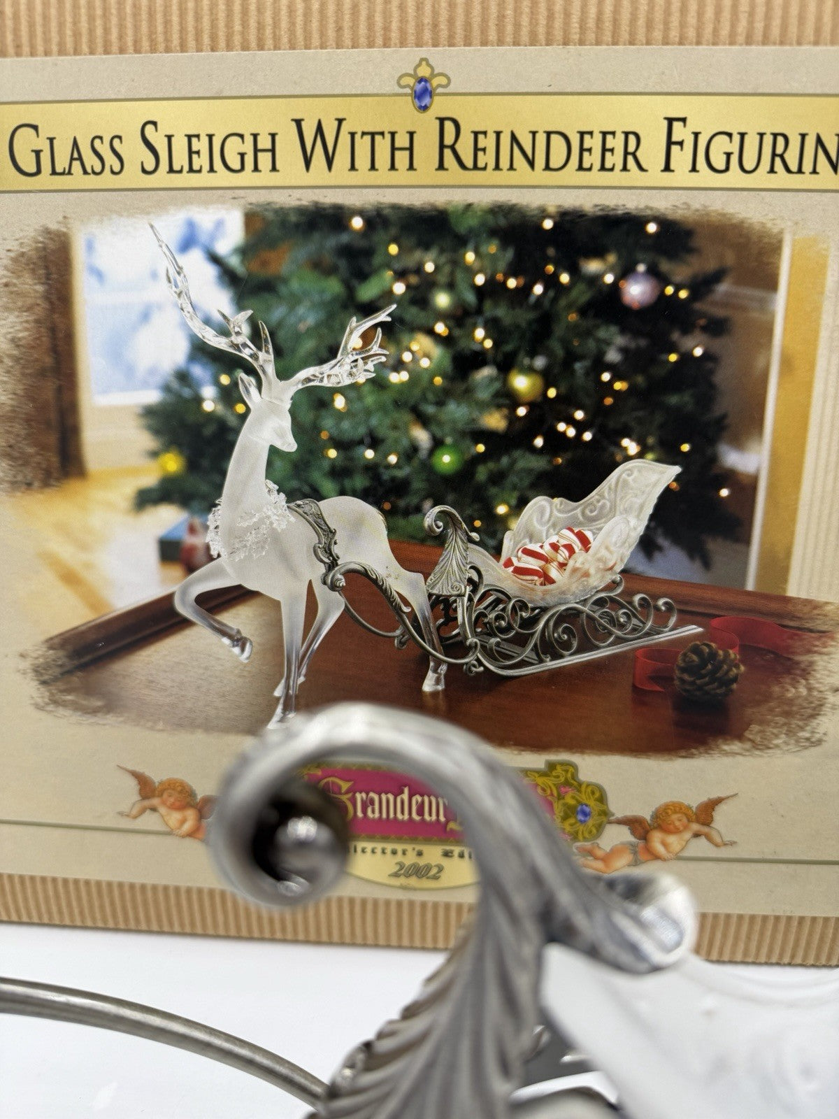 Grandeur Noel Glass Sleigh With Acrylic Reindeer Figurine Christmas Vtg Decor