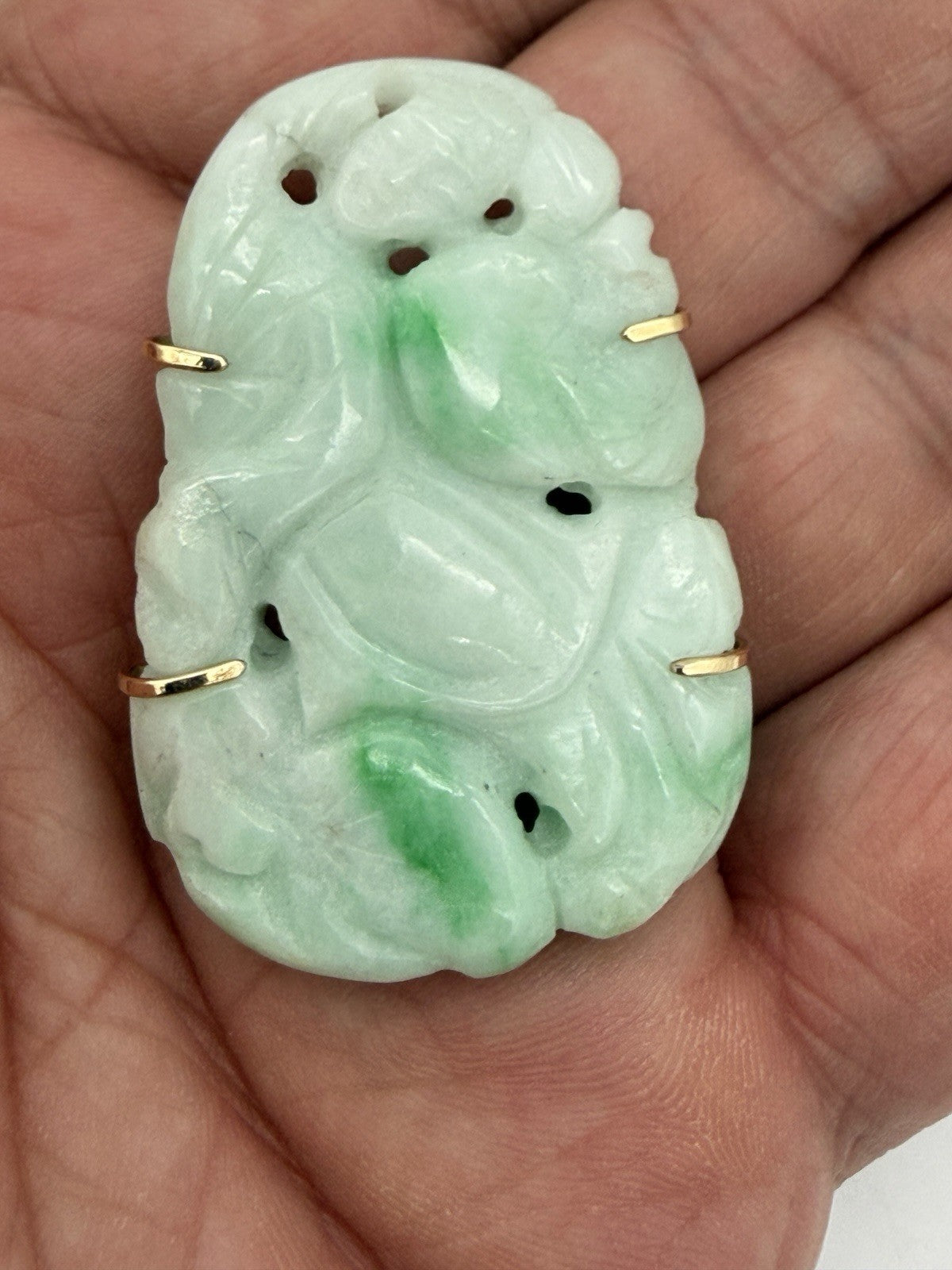 Antique Chinese 14K Yellow Gold Jadeite Jade Pin Brooch Natural Jade