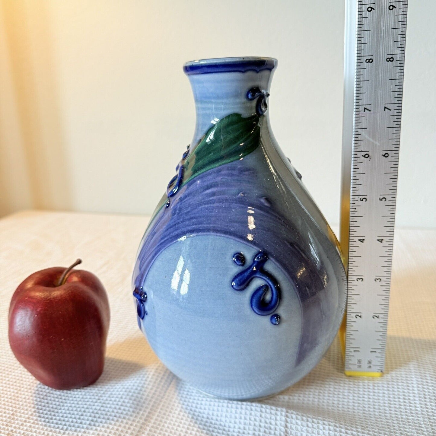 Studio Pottery Flower Vase Blue Purple Drip Ceramic Signed 8in H Swirls Leaf