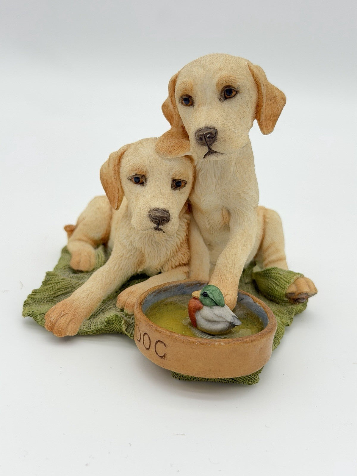 Country Artists England Yellow Labrador Pups W/Dog Bowl Painted Dog Figurine 4”