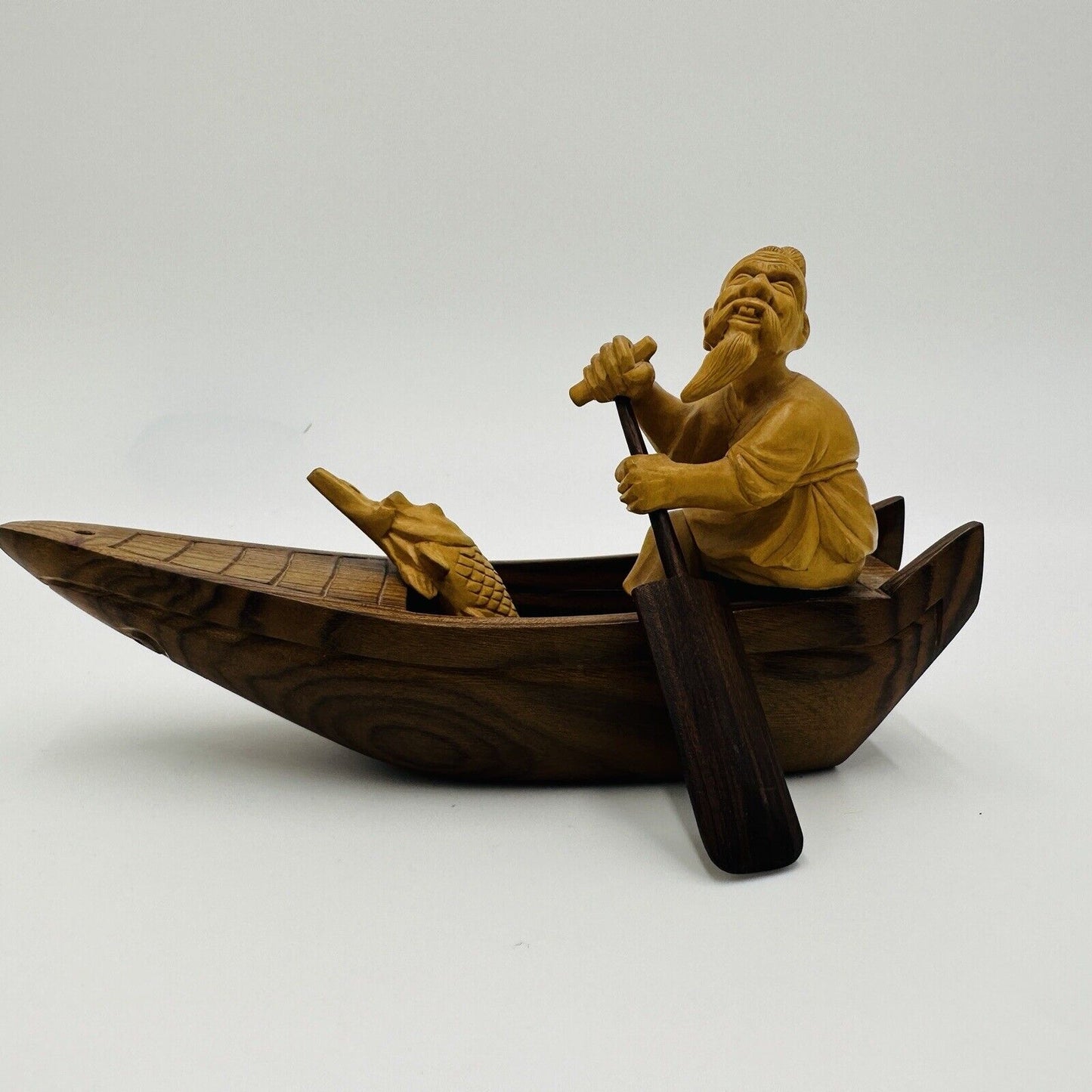 Taipei Fisherman Carved Wood Chinese Figurines Journey to the West Sanxing Hotei