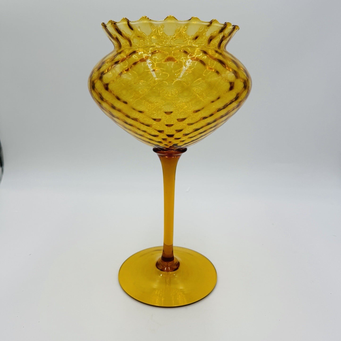 Italian Empoli amber glass diamond optic tall compote 12in