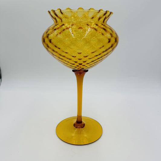 Italian Empoli amber glass diamond optic tall compote 12in
