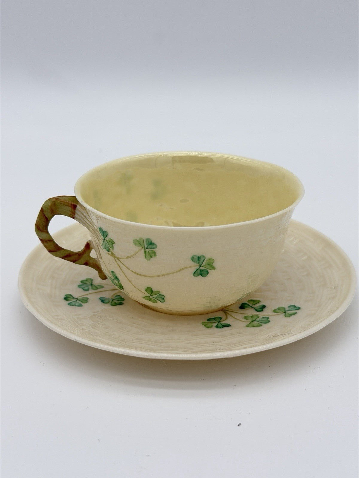 Belleek Ireland Porcelain 2ND GRN/1955 Shamrock Beige Saucer & Teacup Set
