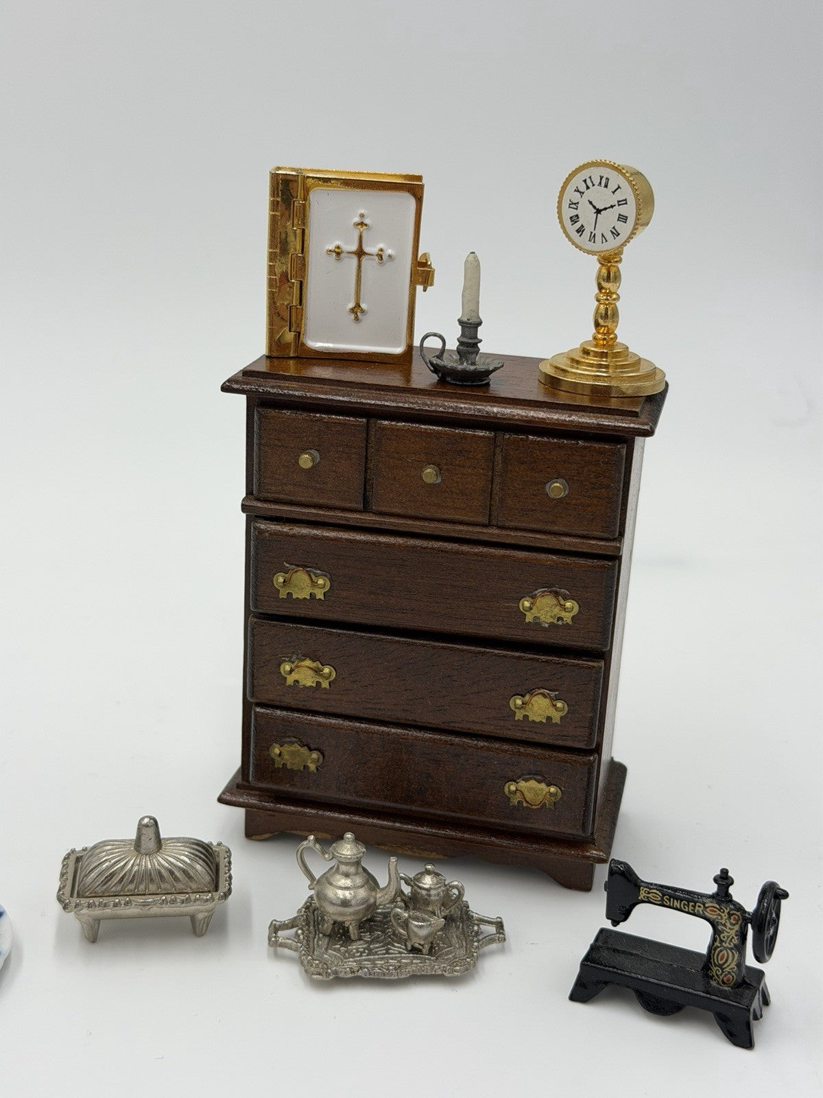 Vintage Dollhouse Furniture Miniature Lot Drawer Bible Clock Tea Set Table