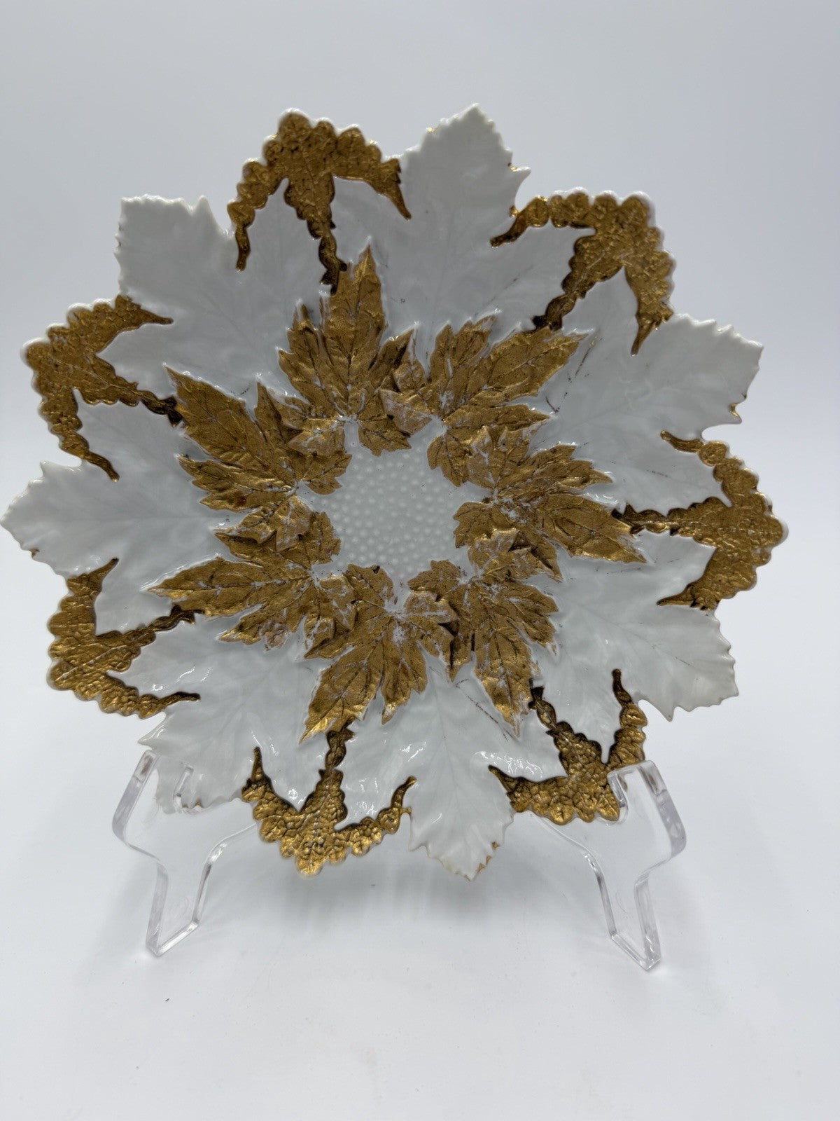Antique 19th Century Meissen Porcelain White/Gold Gilt Leaf Plate 8” Germany