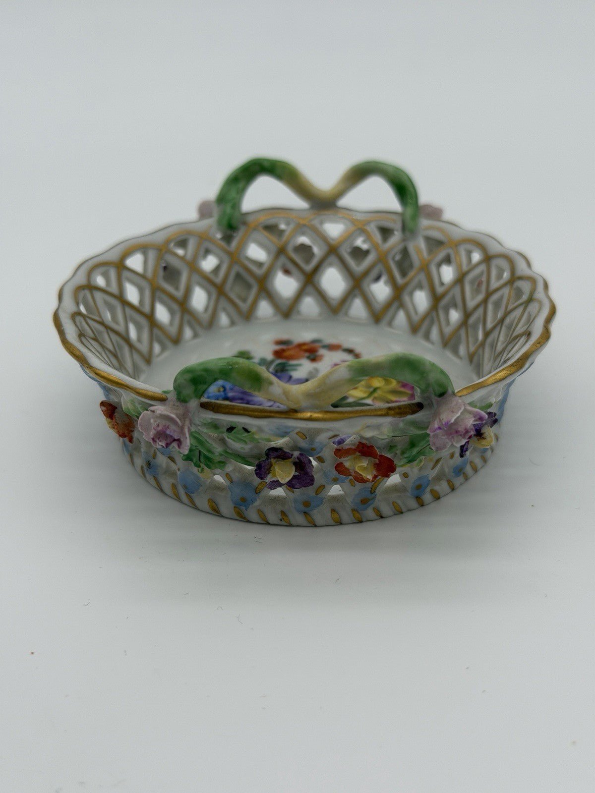 Antique Dresden Carl Thieme Pierced Reticulated Porcelain Floral Basket Dish Min