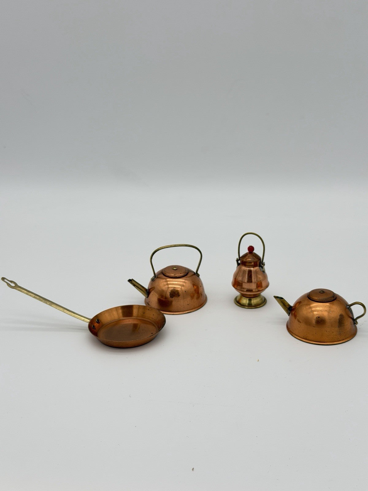 Vintage English Copper Ware Miniature Kettle Dollhouse Metal Retro Set 4 PCs