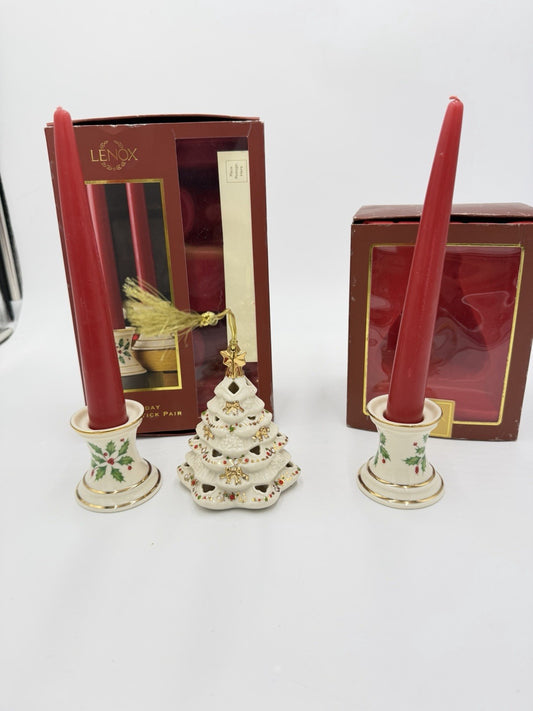 Lenox USA Porcelain Holiday Tapers Candlesticks & Bejeweled Tree Ornament